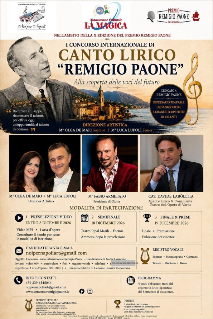 Formia ospita il primo Concorso Internazionale di Canto Lirico “Remigio Paone”: al via la ricerca delle voci del futuro